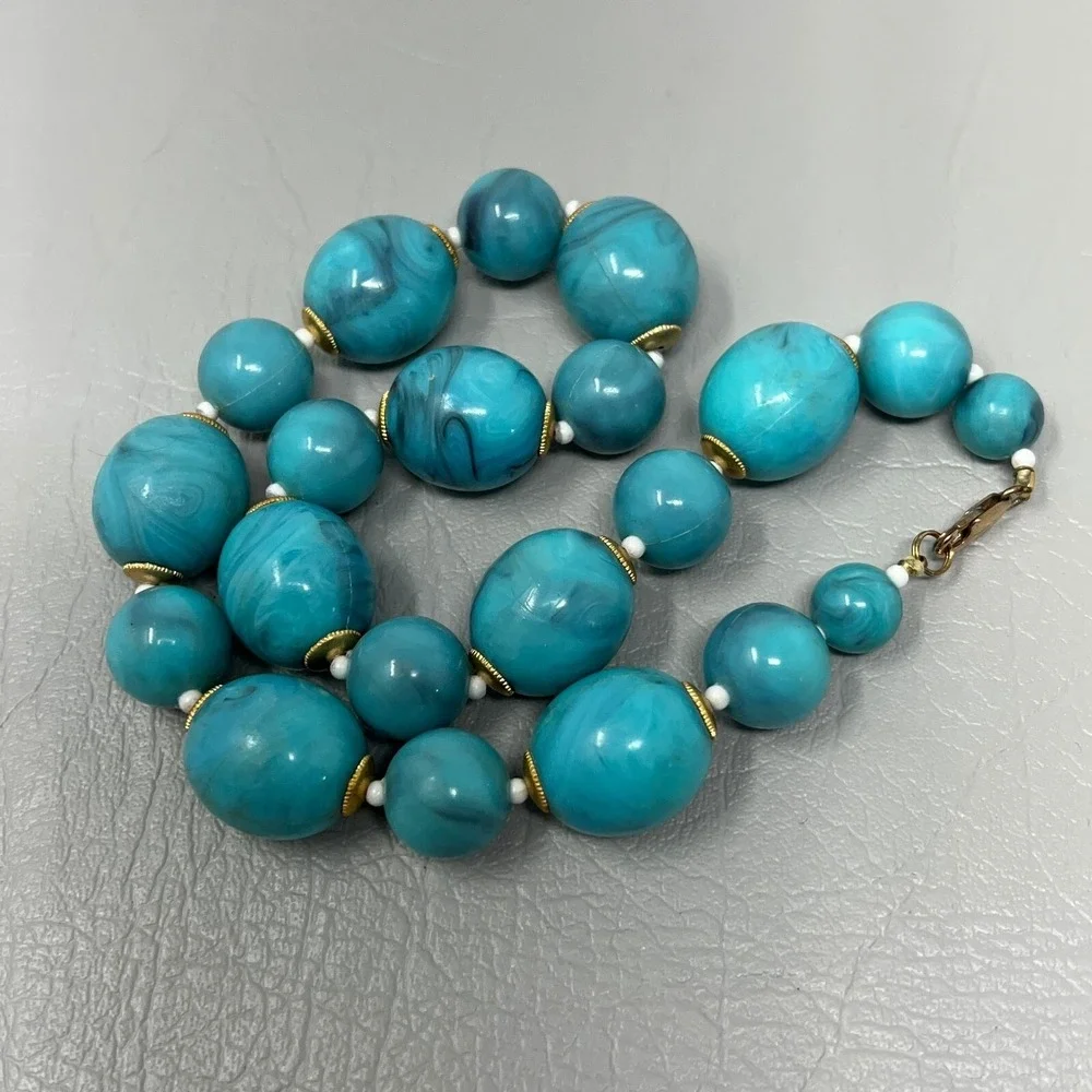 Vintage‎ Blue Marbled Bead Necklace Gold Tone Caps and Clasp